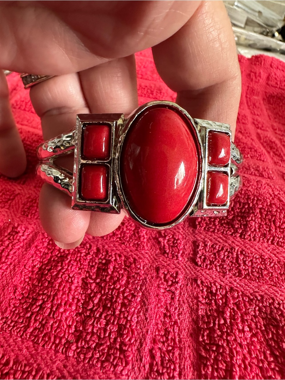 Source Unknown Red Cabochon Silver-Tone Statement Cuff Bracelet